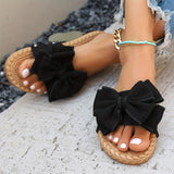 Xajzpa [Off-the-Shoulder Summer Sandals] Re Na Qian Qing Women's Summer Slide Sandals - Chic Off-the-Shoulder, Bowknot Design - Fabric Upper, Flat Heel, Open Toe, PU Sole, Handwash/Dry Clean