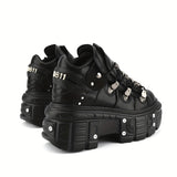 Xajzpa [Punk Shoes] Metallic Punk Shoes | Women Casual Platform, Men's Combat Sneakers, Metal Decor Rock Motorcycle Flats, Cross Tied Sneakers For Girls