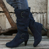 Women's Slouch Knee High Boots, Buckle Strap Side Zipper High Heeled Boots, Comfortable Suedette Long Boots