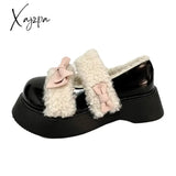 Bow Plus Velvet Small Leather Shoes For Women New Spring And Autumn Style Black Thick Soles