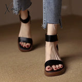 Brand Genuine Cow Leather Sandals Block Mid Heels Women Roma Open Toe Retro Buckle Ankle Strap