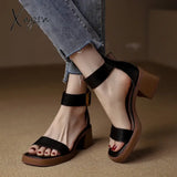 Brand Genuine Cow Leather Sandals Block Mid Heels Women Roma Open Toe Retro Buckle Ankle Strap