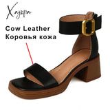 Brand Genuine Cow Leather Sandals Block Mid Heels Women Roma Open Toe Retro Buckle Ankle Strap