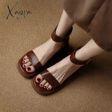 Brand Genuine Cow Leather Sandals Block Mid Heels Women Roma Open Toe Retro Buckle Ankle Strap