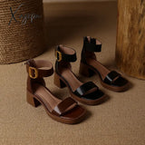 Brand Genuine Cow Leather Sandals Block Mid Heels Women Roma Open Toe Retro Buckle Ankle Strap