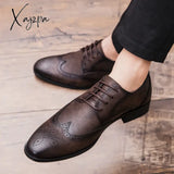 Brogue Formal Shoes Men Dress Leather Fashion Flats Genuine Retro Pointed Toe Oxford Male Footwear