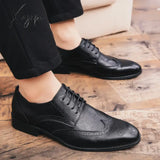 Brogue Formal Shoes Men Dress Leather Fashion Flats Genuine Retro Pointed Toe Oxford Male Footwear