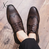 Brogue Formal Shoes Men Dress Leather Fashion Flats Genuine Retro Pointed Toe Oxford Male Footwear