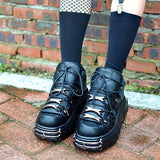 Xajzpa [Thick Bottom Platform Gothic Shoes] Women's Metal Decor Platform Sneakers Black Gothic Punk Shoes Lace Up Thick Bottom Flat Shoes Motorcycle Flats