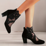 Women's Mesh Block Heel Boots, Fashion Floral Embroidered Back Zipper Heels, Versatile Dress Ankle Boots