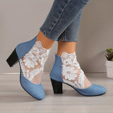 Women's Mesh Block Heel Boots, Fashion Floral Embroidered Back Zipper Heels, Versatile Dress Ankle Boots