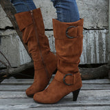 Women's Slouch Knee High Boots, Buckle Strap Side Zipper High Heeled Boots, Comfortable Suedette Long Boots