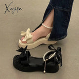 Comfort Shoes For Women Pearl Sandals Suit Female Beige Increasing Height Block Heels All-Match