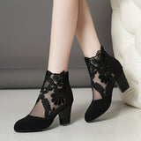 Women's Mesh Block Heel Boots, Fashion Floral Embroidered Back Zipper Heels, Versatile Dress Ankle Boots