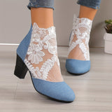 Women's Mesh Block Heel Boots, Fashion Floral Embroidered Back Zipper Heels, Versatile Dress Ankle Boots