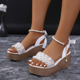 Xajzpa Chic Faux Pearl Wedge Sandals - Open Toe, Ankle Strap, Platform Heel in Solid Color