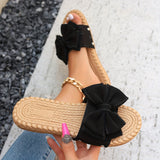 Xajzpa [Off-the-Shoulder Summer Sandals] Re Na Qian Qing Women's Summer Slide Sandals - Chic Off-the-Shoulder, Bowknot Design - Fabric Upper, Flat Heel, Open Toe, PU Sole, Handwash/Dry Clean