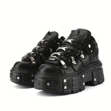 Xajzpa [Punk Shoes] Metallic Punk Shoes | Women Casual Platform, Men's Combat Sneakers, Metal Decor Rock Motorcycle Flats, Cross Tied Sneakers For Girls