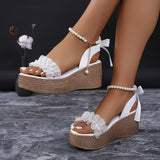 Xajzpa Chic Faux Pearl Wedge Sandals - Open Toe, Ankle Strap, Platform Heel in Solid Color