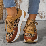 Women's Leopard Pattern Lace-up Chunky Sneakers, Anti-slip Sports Shoes, Lightweight Low Top Sneakers