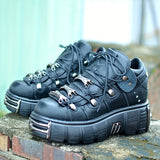 Xajzpa [Thick Bottom Platform Gothic Shoes] Women's Metal Decor Platform Sneakers Black Gothic Punk Shoes Lace Up Thick Bottom Flat Shoes Motorcycle Flats