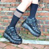 Xajzpa [Thick Bottom Platform Gothic Shoes] Women's Metal Decor Platform Sneakers Black Gothic Punk Shoes Lace Up Thick Bottom Flat Shoes Motorcycle Flats