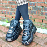 Xajzpa [Thick Bottom Platform Gothic Shoes] Women's Metal Decor Platform Sneakers Black Gothic Punk Shoes Lace Up Thick Bottom Flat Shoes Motorcycle Flats