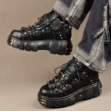 Xajzpa [Thick Bottom Platform Gothic Shoes] Women's Metal Decor Platform Sneakers Black Gothic Punk Shoes Lace Up Thick Bottom Flat Shoes Motorcycle Flats