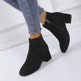 Women's Solid Color Block Heeled Ankle Boots, Side Zipper Short Boots, Women's Footwear