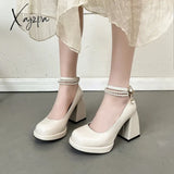 Fashion Ankle Strap Pearl Pumps For Women 2024 New High Heels Platform Mary Janes Woan Round Toe