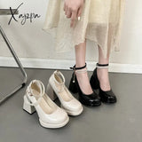 Fashion Ankle Strap Pearl Pumps For Women 2024 New High Heels Platform Mary Janes Woan Round Toe