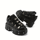 Xajzpa [Punk Shoes] Metallic Punk Shoes | Women Casual Platform, Men's Combat Sneakers, Metal Decor Rock Motorcycle Flats, Cross Tied Sneakers For Girls