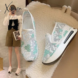 Female Wedge Shoes Sequin Mesh Breathable Women White Gold Platform Sneakers Height Increasing