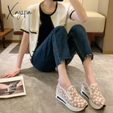 Female Wedge Shoes Sequin Mesh Breathable Women White Gold Platform Sneakers Height Increasing