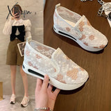 Female Wedge Shoes Sequin Mesh Breathable Women White Gold Platform Sneakers Height Increasing