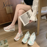 Female Wedge Shoes Sequin Mesh Breathable Women White Gold Platform Sneakers Height Increasing