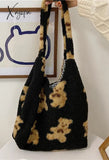 Fuzzy Teddy Bear Reversible Shoulder Bag Black / One Size Bags