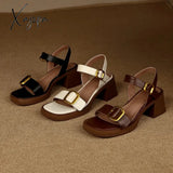 Genuine Cow Leather Sandals Block Mid Heels Women Roma Square Toe Retro Buckle Ankle Strap