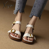 Genuine Cow Leather Sandals Block Mid Heels Women Roma Square Toe Retro Buckle Ankle Strap