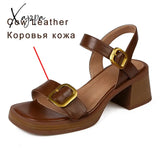 Genuine Cow Leather Sandals Block Mid Heels Women Roma Square Toe Retro Buckle Ankle Strap