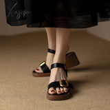 Genuine Cow Leather Sandals Block Mid Heels Women Roma Square Toe Retro Buckle Ankle Strap