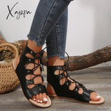 Ladies Flat Sandals Hollowed Out Roman Women’s Summer Retro Martin Boots Lace Open-Toed Shoes