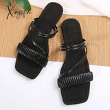 Ladies Flat Slippers Wear Fashion New Summer Black Two Wearing A Word Out Soft-Soled Sandals