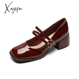 Large Size 34-43 Mary Jane Shoes Women Block Heel Patent Leather Black