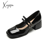 Large Size 34-43 Mary Jane Shoes Women Block Heel Patent Leather Black