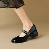 Large Size 34-43 Mary Jane Shoes Women Block Heel Patent Leather Black