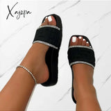 Large Size Simple Beach Flat Sandals Summer New Thick-Soled One-Line Rhinestone Slippers For Women