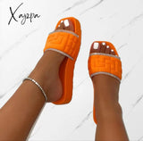 Large Size Simple Beach Flat Sandals Summer New Thick-Soled One-Line Rhinestone Slippers For Women