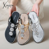 Luxury Rhinestones Flowers Flip Flops Women Summer 2024 Ladies Slippers Flats Sandals Woman