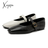 Mary Jane Shoes Female Genuine Leather 2024 New Snap Ballet Women Square Toe Flat Cowhide Ladies